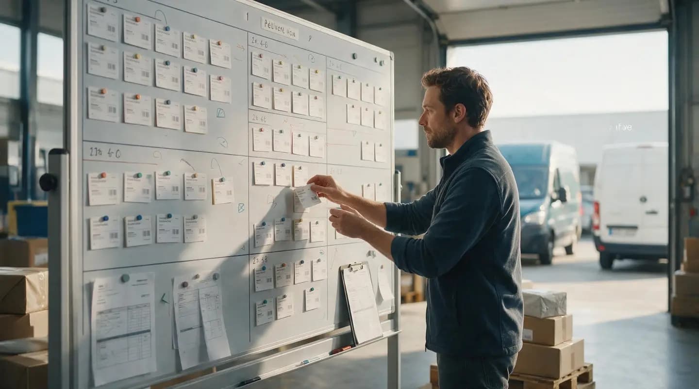 A planner arranging delivery order cards on a magnetic planning board beside the loading bay.