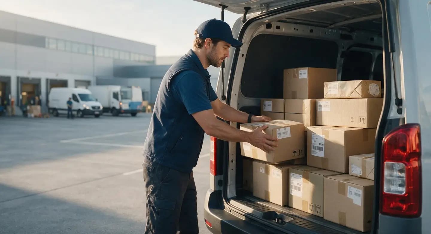 A driver loading labelled parcels into a delivery van at a depot, with more vans waiting behind.