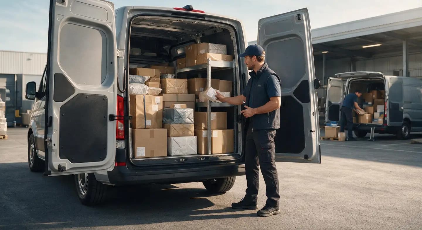 A driver checking a parcel label at the open rear doors of a fully loaded delivery van.