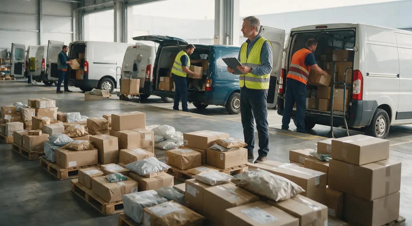A supervisor checking a clipboard in a warehouse where parcels on pallets are loaded into several vans.