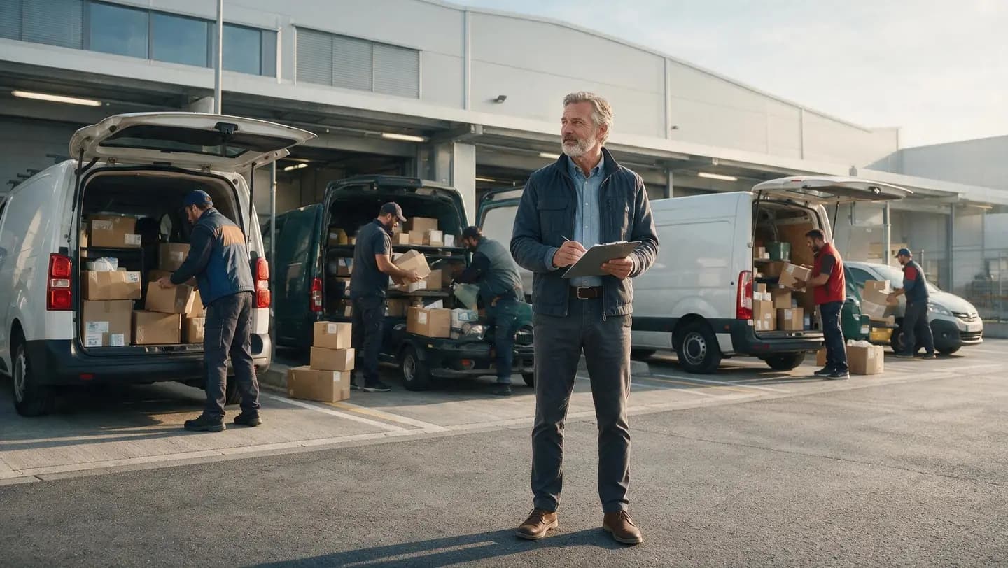 A fleet manager with a clipboard in front of several delivery vans being loaded at a depot.