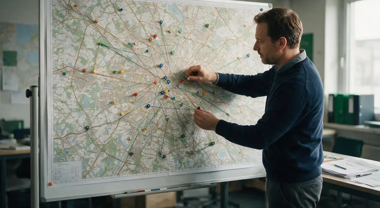 A planner at a wall map, connecting pinned delivery stops with coloured route lines.