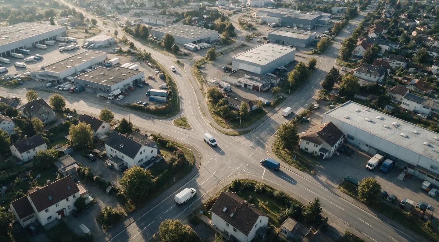 Aerial view of a logistics area, with delivery vans on the roads between warehouses and houses.