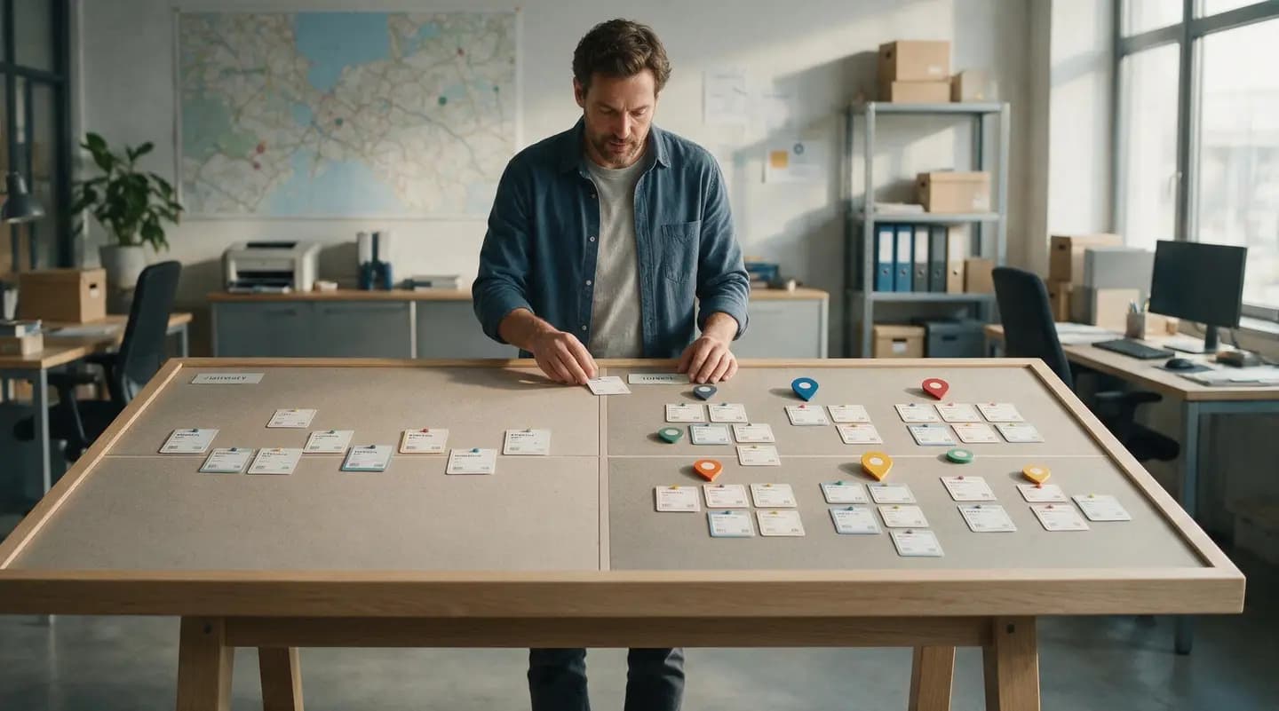 A planning board split in two, with delivery cards laid out loosely on one side and grouped by colour-coded area on the other.