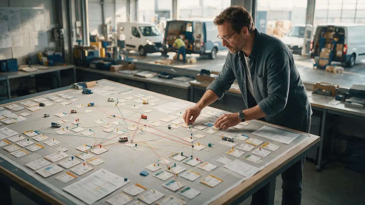 A planner leaning over a large table map, moving model vans and stop cards along route lines.